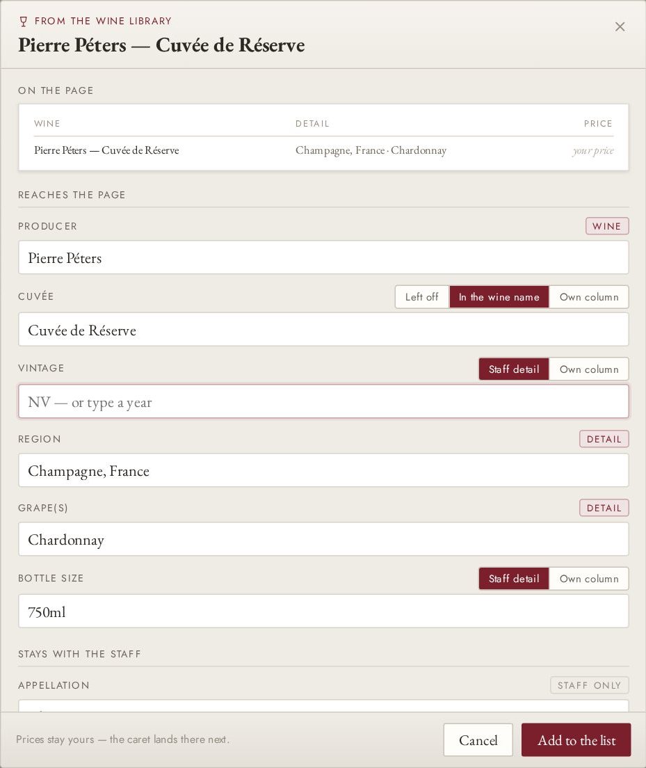 The From the Wine Library window for Pierre Péters Cuvée de Réserve: a preview of the row, then the producer, cuvée, vintage, region, grape and bottle size, with Add to the list at the bottom
