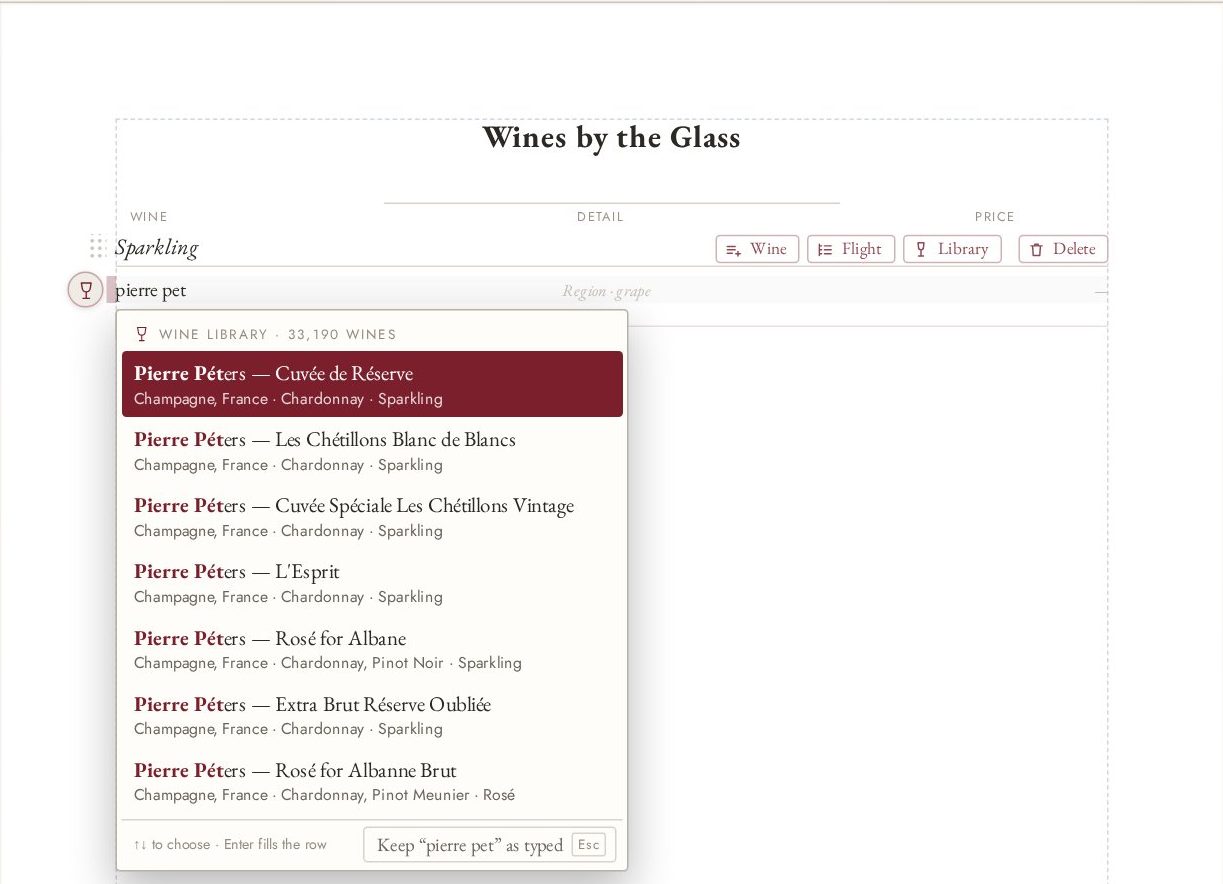 Typing pierre pet on the sheet; the Wine Library suggests seven Pierre Péters Champagnes, with Cuvée de Réserve highlighted