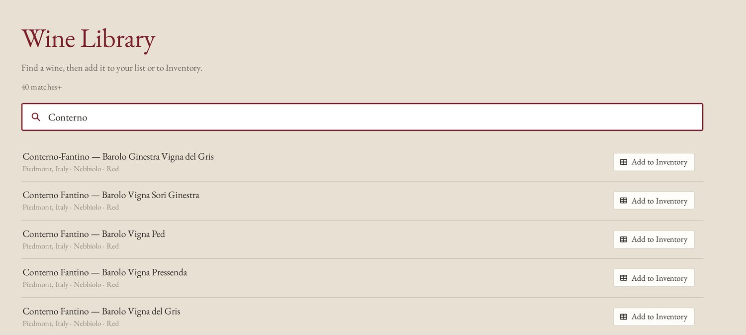 The Wine Library, searching for Conterno, with an Add to Inventory button beside each wine
