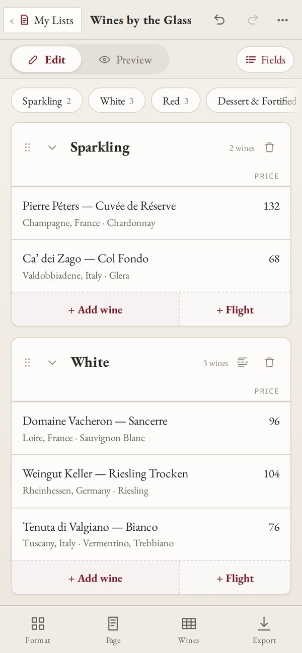 The same list in the phone editor