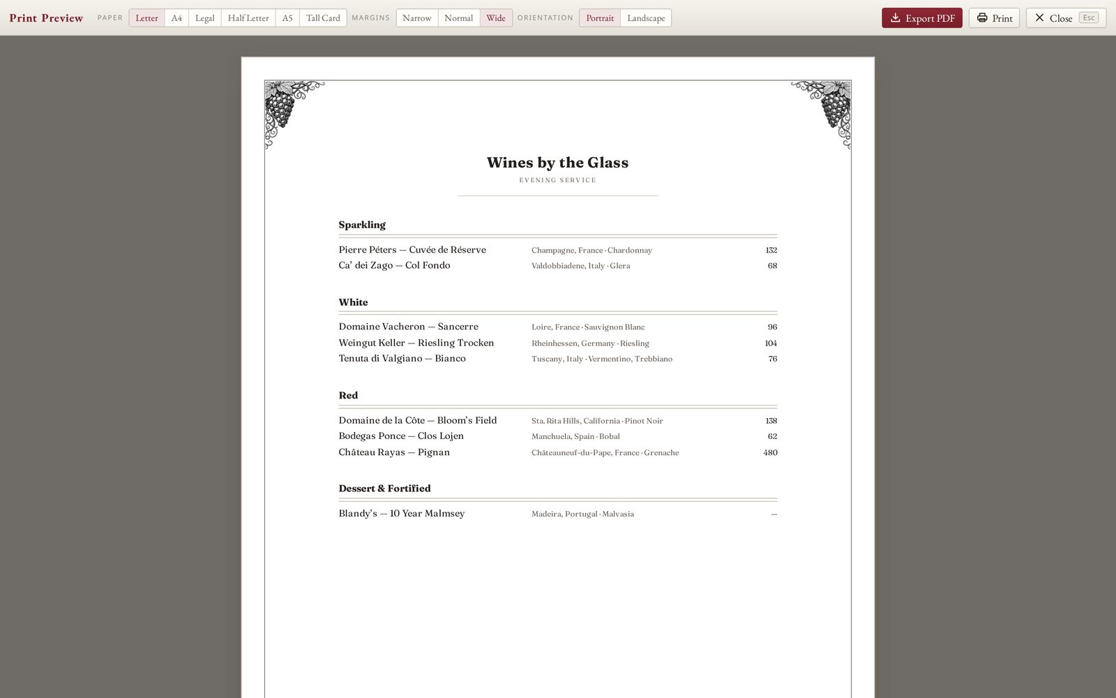 Print Preview, with paper, margin and orientation choices above the sheet, and Export PDF and Print buttons